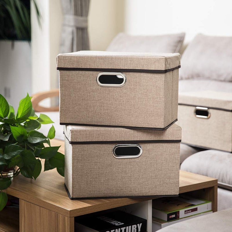 PRANDOM Collapsible Storage Cubes with Lids [3-Pack] Jute Fabric Foldable Storage Boxes Organizer Containers Baskets Bins with Cover for Home Bedroom Closet Office Nursery (14.9x9.8x9.8) - Image 2